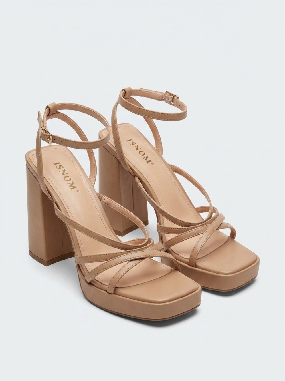 ISNOM‎ Strappy Block Heel Sandals in Tan